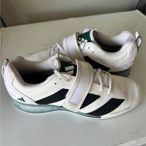 White and Black adipower weightlifting shoes
